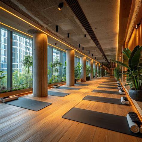 imagen de centro fitness moderno con zona de yoga
