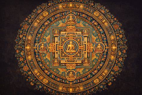 Thangka tibetano con mandala central