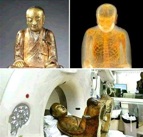 Imágenes de tomografía de momia dentro de estatua budista