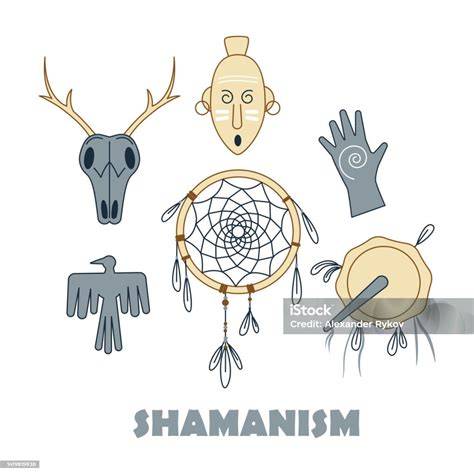 Ilustración de chamanes mongoles y símbolos naturales