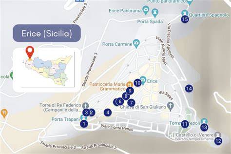 Mapa de Erice con barrio español y castillo de Venus