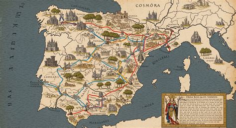 Visualización: mapa de rutas de peregrinación y símbolos universales