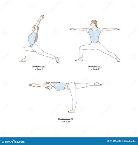 Ilustración de Virabhadrasana I II III, Vasisthasana y Utkatasana