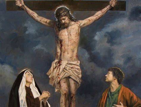 Ilustración de la Pasión y la Virgen María junto a la cruz