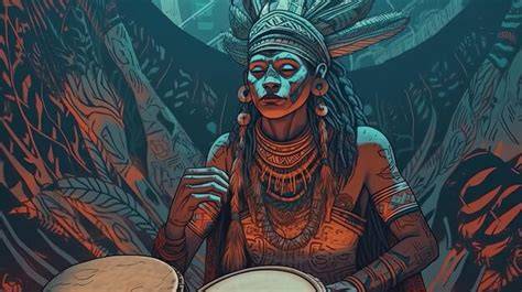 ilustración de tambores chamánicos y cantos rituales