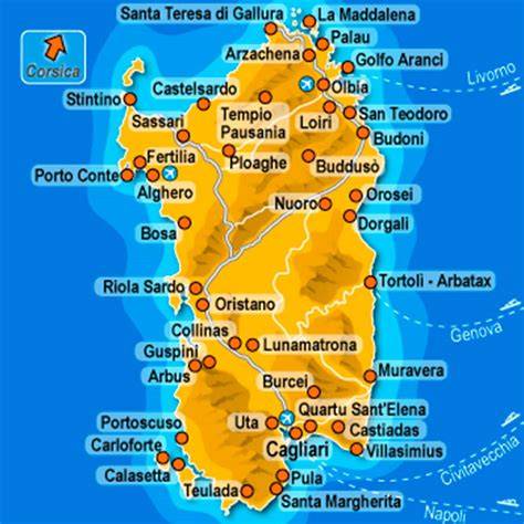 mapa de Sardegna con Bosa y playas