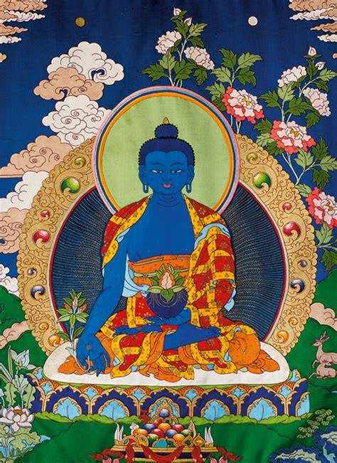 tabla con iconografía y símbolos del Buddha de la Medicina