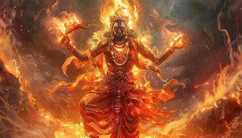 ilustración de Agni con dos cabezas y carro de fuego