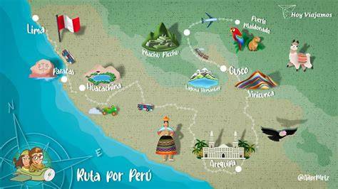 mapa de ruta por Peru hacia montañas andinas