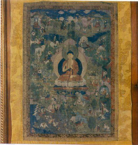 Iconografía de jatakas y buda en thangka